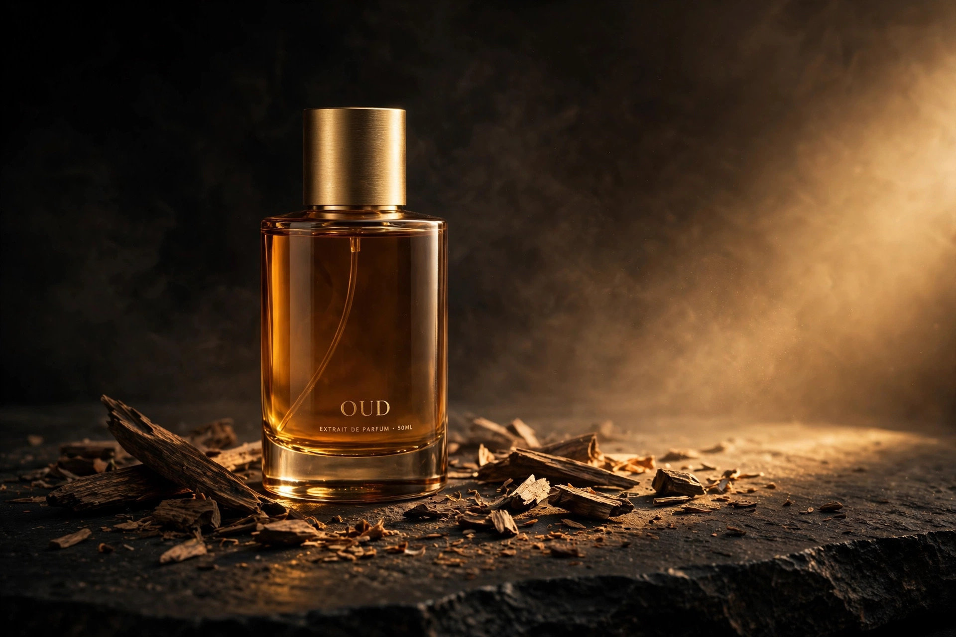 Layl Oud Royal bottle among oud wood